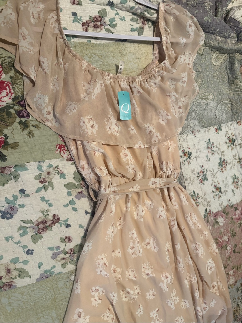 Beige Floral Ruffle Waist Dress